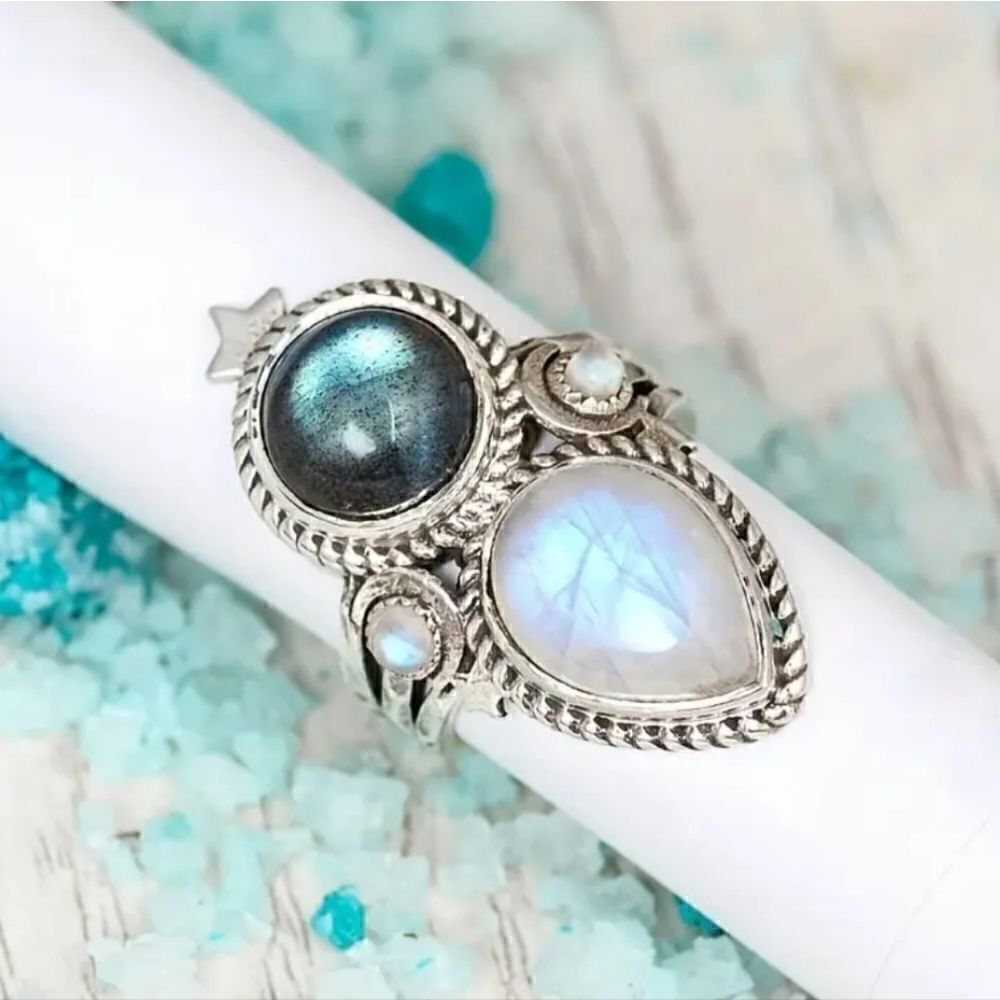 Vintage Style Silver Tone Rings  Moonstone and Labradorite Color Gemstone